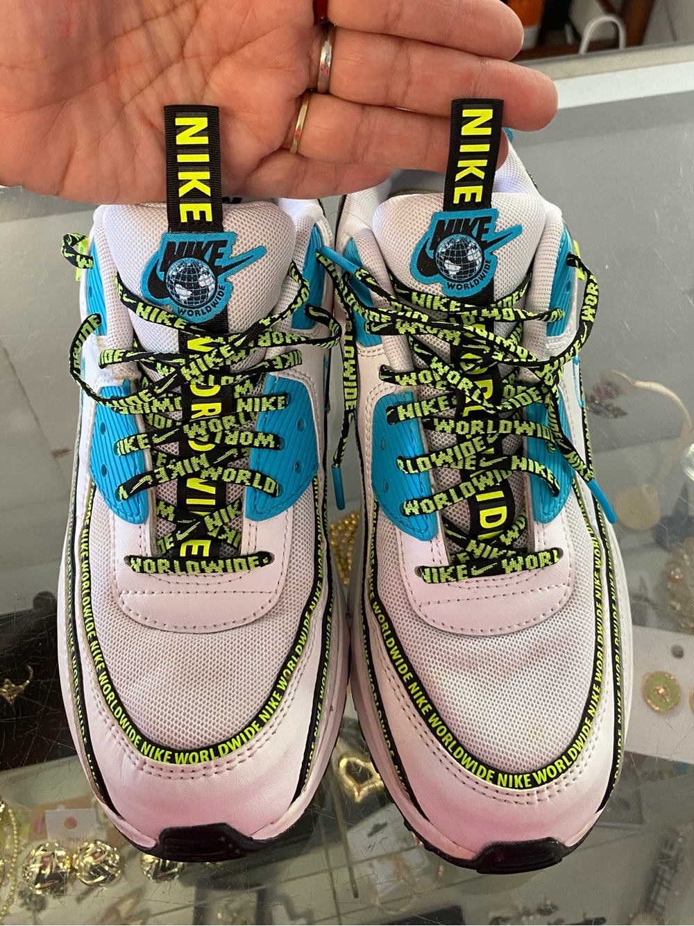 Nike White Turquoise Neon Yellow Lace-Up Sneakers